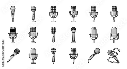 Collection of outline microphone icons, featuring various vintage and modern designs, perfect for graphic design, web development, app interfaces, advertisements, and diverse card applications