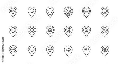 Collection of location pin icons in a line style, representing GPS navigation, map markers, and directional symbols. This set includes icons for home, target, and general location points, all
