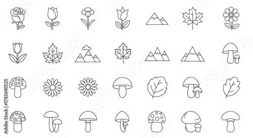 Nature and Parks Outline Simple Icons Bundle: A Versatile Collection Featuring Flowers, Leaves, Mountains, and Mushrooms, Perfect for Graphics, Apps, and Vector Cartoon Illustrations, Offering a