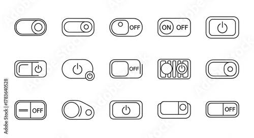 Collection of outline line icons representing on and off switches, power buttons, and toggle switches for graphic and web design, apps, advertisements, and various cards, presented as a vector
