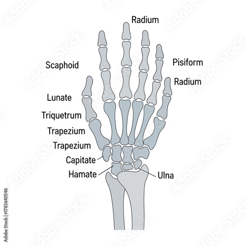 Detailed Human Hand Skeleton Anatomy with Bone Labels.