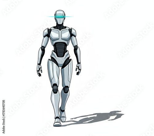 A solitary android character walks confidently, an illustration concept of future innovation in robotics and artificial intelligence