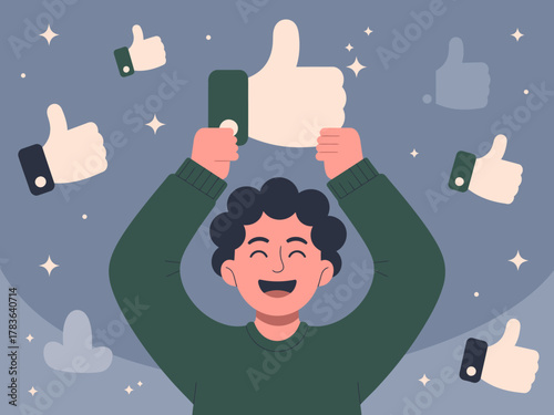 A joyful individual giving a thumbs up is depicted in this colorful artwork, symbolizing positivity, happiness, and the celebration of achievements with an energetic atmosphere.