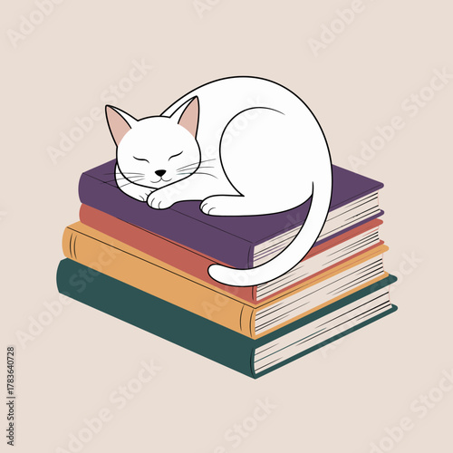 This adorable image showcases a white cat peacefully sleeping on a stack of colorful books, evoking warmth and comfort, perfect for cat lovers and literature enthusiasts.