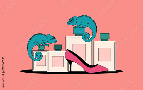 This artistic display features perfume bottles alongside chameleons and a pink high heel, showcasing a blend of fashion, beauty, and playful creativity in the design.