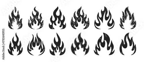 Fire flames crayon vector collection, hand sketched doodle illustration with pencil texture, creative bonfire drawings for artistic punk or rock themes.