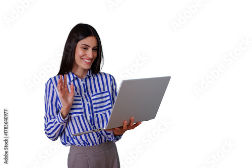 Woman waving hello during video call on laptop, smiling business professional in online meeting, transparent background