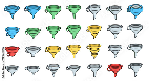 Collection of colorful cartoon funnels in various sizes and colors including blue, green, yellow, red, and grey, with editable stroke and white background, perfect for infographics, articles, books