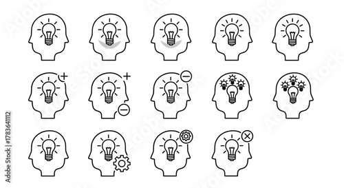 Collection of outline icons representing ideas and thought processes within a human head silhouette, featuring lightbulbs, gears, plus/minus signs, and a cross mark, suitable for graphic design, web