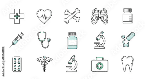 A vibrant and minimalistic linear icon collection representing healthcare and medical concepts, featuring a cross, heart with ECG, bones, syringe, stethoscope, pills, microscope, caduceus, first aid