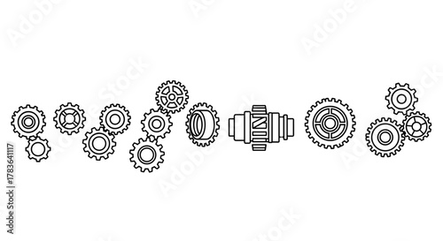 Isolated black outline vector icon set of gears, mechanisms, and cogwheels on a white background, representing progress, construction, and industrial concepts. This collection of UI-ready symbols is