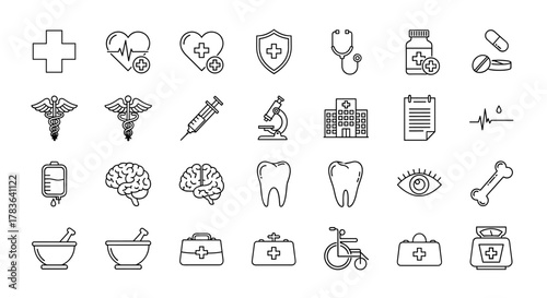 A comprehensive collection of medical cross line icons, featuring outline signs perfect for graphic and web design, app development, advertisements, and various card designs. This vector cartoon