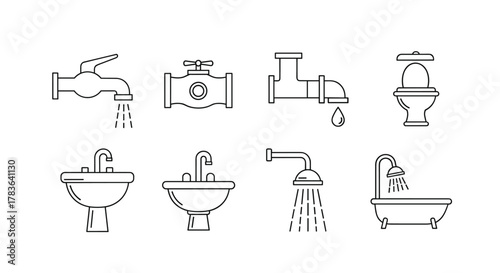 Collection of minimalistic line icons representing plumbing and bathroom fixtures, including faucets, pipes, a toilet, sinks, a shower, and a bathtub, ideal for web design, graphic applications