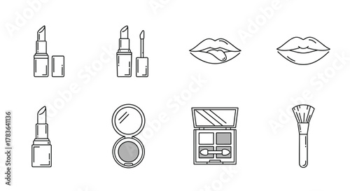 A minimalist collection of thin line icons representing various makeup essentials, including lipsticks, lip gloss, open compact powder, eyeshadow palette with applicator, and a makeup brush, perfect