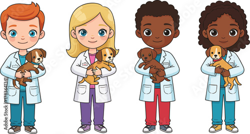 Veterinarian, doctor, medical professional, diverse team, animal care, puppy, dog, pet clinic, compassion, healthcare, veterinary service, cartoon illustration, 
