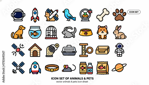 Pet animal icon set vector dog cat rabbit bird fish astronaut space rocket satellite food bowl vector icon sheet