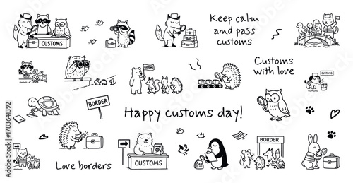 Cartoon animals in humorous customs and border scenes with celebratory text in black and white line style, vector set, tracing