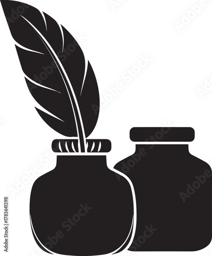 Feather Quill and Inkwell Silhouette Icon Black And White