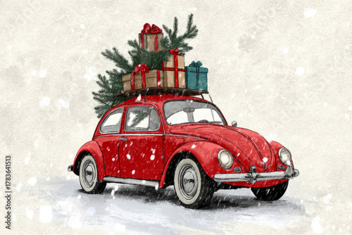A bright red car drives through a snowy scene, adorned with colorful gifts and a festive tree on its roof. This nostalgic image captures Christmas joy from the 50s and 60s