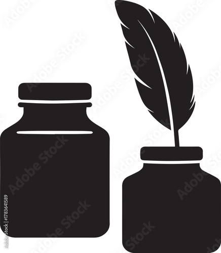 Feather Quill and Inkwell Silhouette Icon Black And White