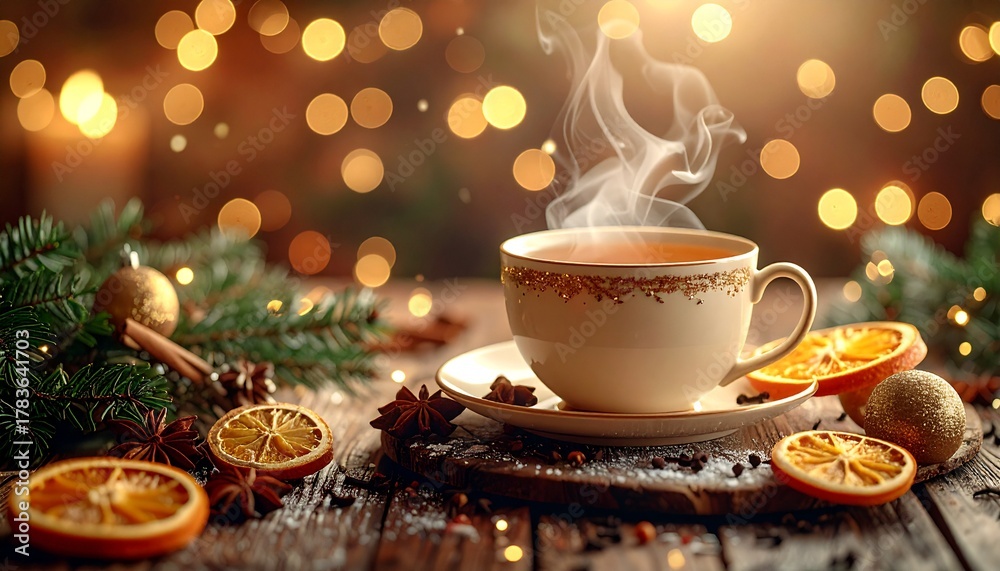 Fototapeta premium escena navideña hiperrealista y acogedora, centrada en una taza de té humeante con especias de invierno.