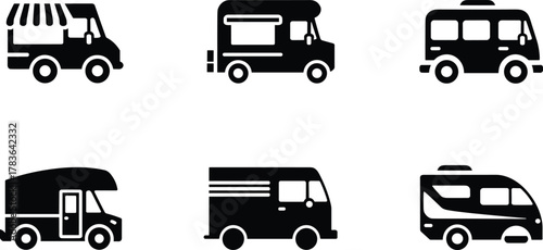 Food truck and camper van icon collection, delivery vehicle silhouette, transportation symbol, travel motorhome vector design, black modern illustration