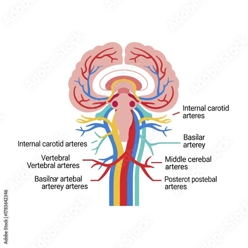 Diagram of human brain arteries and veins blood vessels.