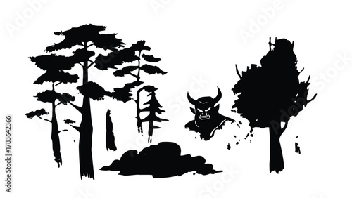 Sumi-e Vector Kit with Pine Trees and Oni Mask