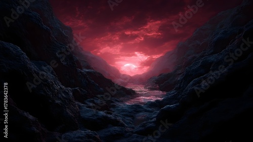 Fototapeta Naklejka Na Ścianę i Meble -  Dramatic alien canyon with a glowing crimson sunset over a reflective river