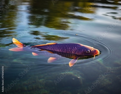 An amazing purple koi fish swimming gracefully in clear water