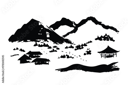 Abstract Mountain Landscape (Sumi-e Brush Style)