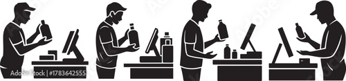Silhouette illustration of people at cash registers holding bottles and paying