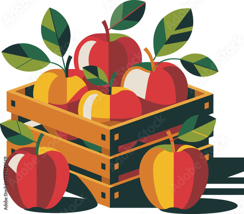 Bold Graphic Vector Illustration of Mixed Apples and Leaves in a Wooden CrateBold Graphic Vector Illustration of Mixed Apples and Leaves in a Wooden Crate