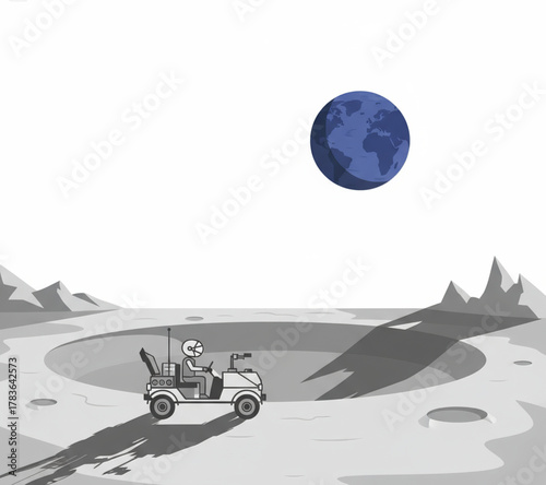 A whimsical cartoon illustration of an astronaut driving a lunar rover across the cratered surface of the moon with planet Earth in the background