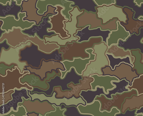 A seamless camouflage pattern with an 'oak leaf puzzle' design and outlines, in a five-color woodland scheme. Ideal for hunting and military purposes.