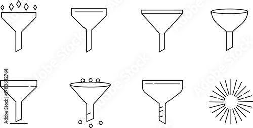 Funnel icon collection with outline design, data filter symbol, process concept, liquid pouring shape, minimal line art illustration vector