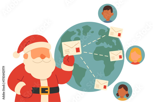 Santa Claus Sending Christmas Letters to Children Around the World – Modern Flat Design Illustration