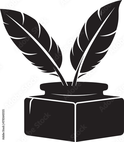 Feather Quill and Inkwell Silhouette Icon Black And White