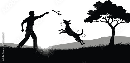 Silhouette of person playing with dog outdoors, throwing stick, grassy field, tree, hills, motion burst, joyful pet interaction scene