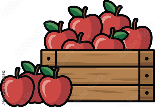 Bold Graphic Vector Illustration of Apples in a Crate with Leaves and Apple SliceBold Graphic Vector Illustration of Apples in a Crate with Leaves and Apple Slice