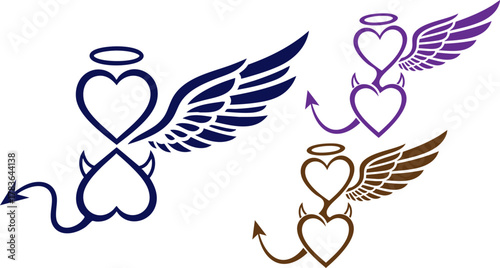 Hearts with angel halos and devil tails representing love and duality in design on transparent background
