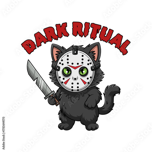 Cute black cat in horror mask holding knife cartoon vector illustration