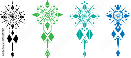 Three stylized geometric ornaments in shades of green and blue on on transparent background