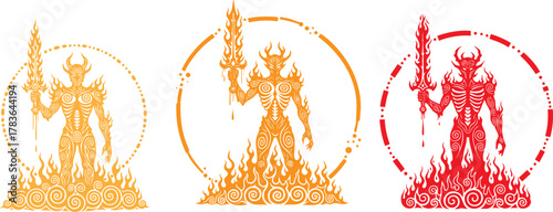 Three pixelated warriors stand in fiery circles against a stark on transparent background