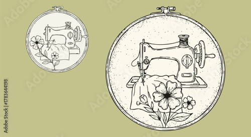 Vintage sewing machine embroidery hoop art with floral design in a simple style on transparent background