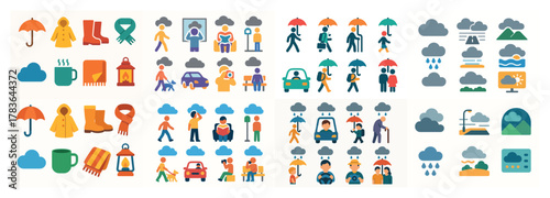 Colorful weather icons with people and objects