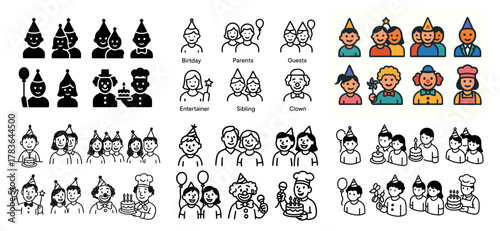 Party icon set with diverse characters in hats