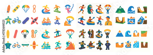 Colorful adventure sports icons and activities