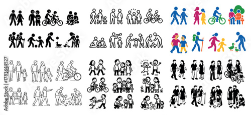 Diverse cartoon family activities and interactions