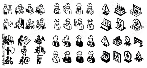 Industrial worker icons and safety symbols collection
